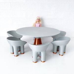 Miniature Patio Table 6 Chairs Gray Copper Large Round 1:6 Scale Dollhouse